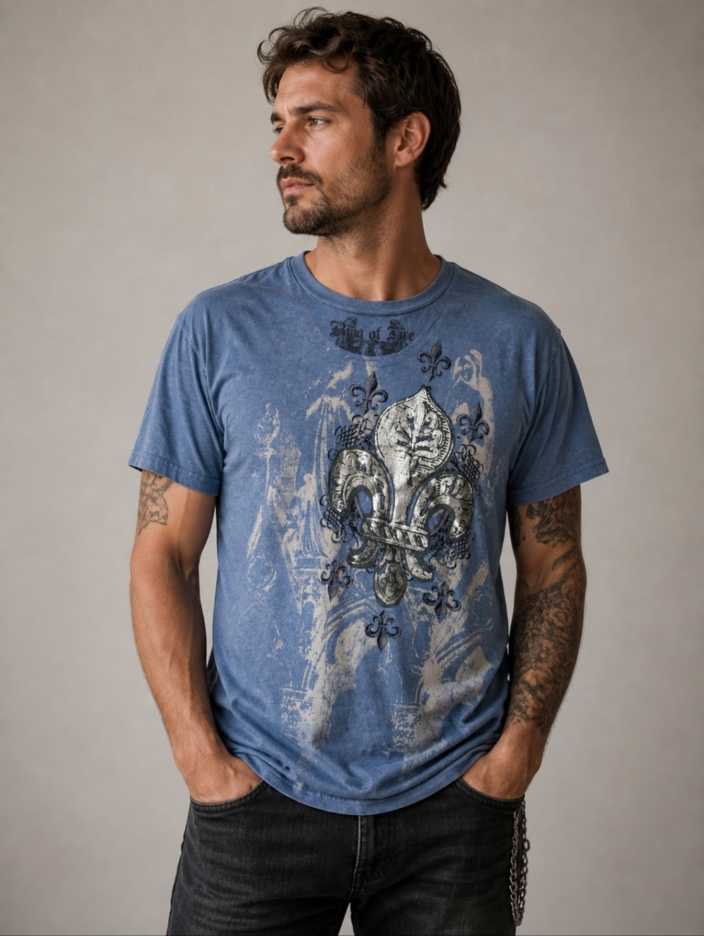 Ring of Fire Men's T-shirt Graphic Tee Moto Biker Blue Silver Cotton Y2K XXL